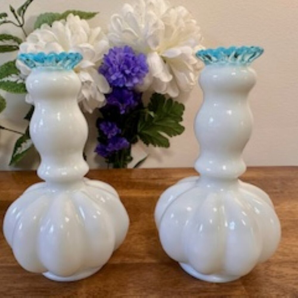 These dreamy Fenton Aqua Crest milk glass candleholders are a rare and striking